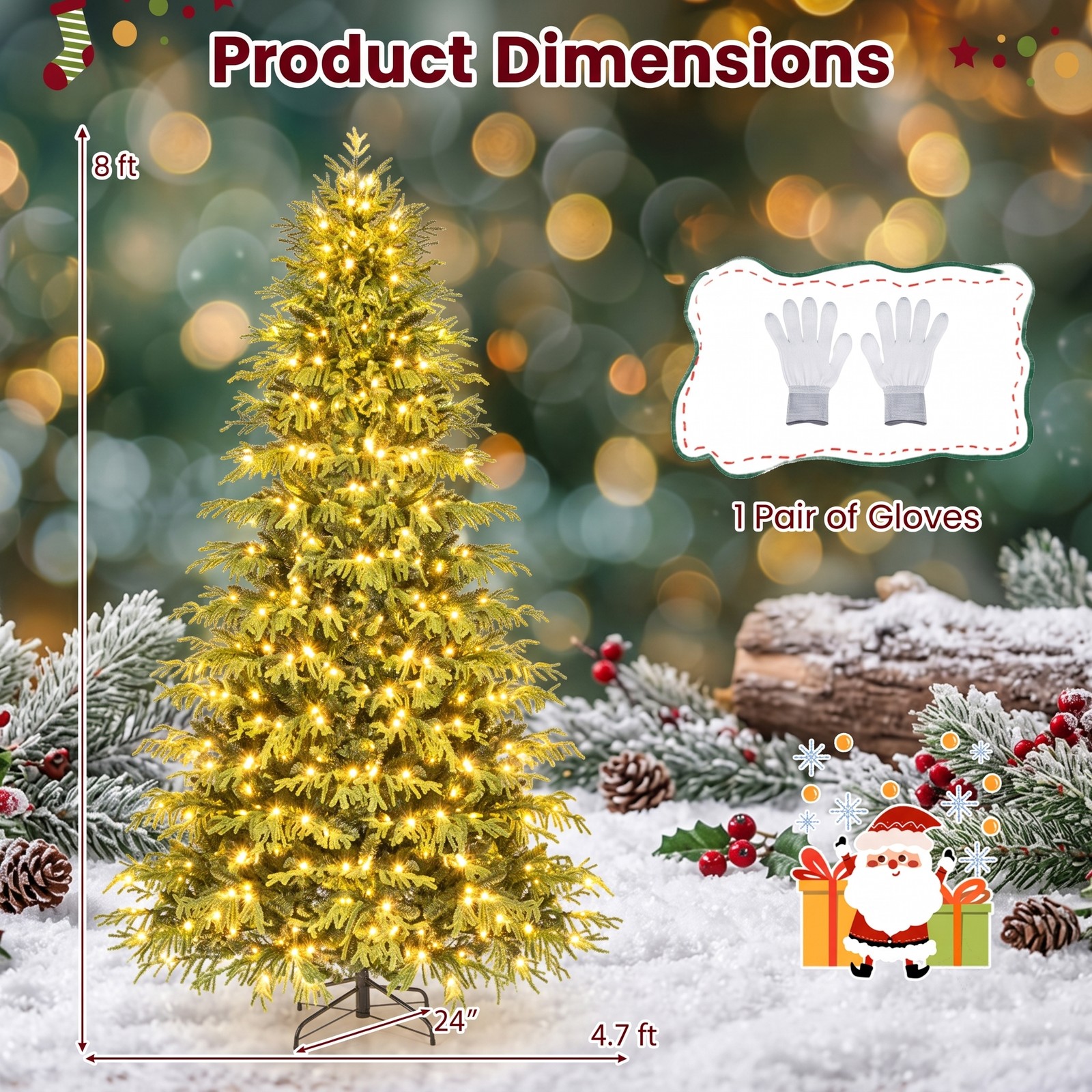 RUIE 8 FT Artificial Christmas Tree with 470 Warm White LED Lights, Pre-Lit Hinged Xmas Tree with 1470 PVC Mixed Branch Tips and Folding Metal Stand for Holiday, Green