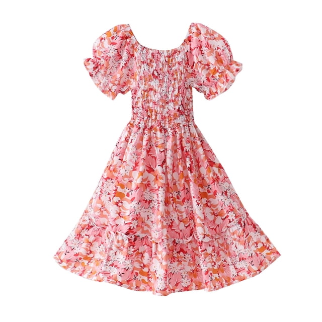 MIASHUI Robe Florale de Vacances pour Filles, Manches à Volants Décontractées, Longueur Genou, Rouge Melon D\'eau, 10-11 Ans