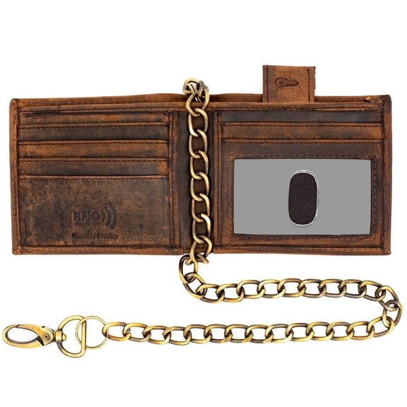 RFID Safe Biker Rustic Brown Leather Slim Bi-Fold Chain Wallet for Men's and Adult J520 by JTC