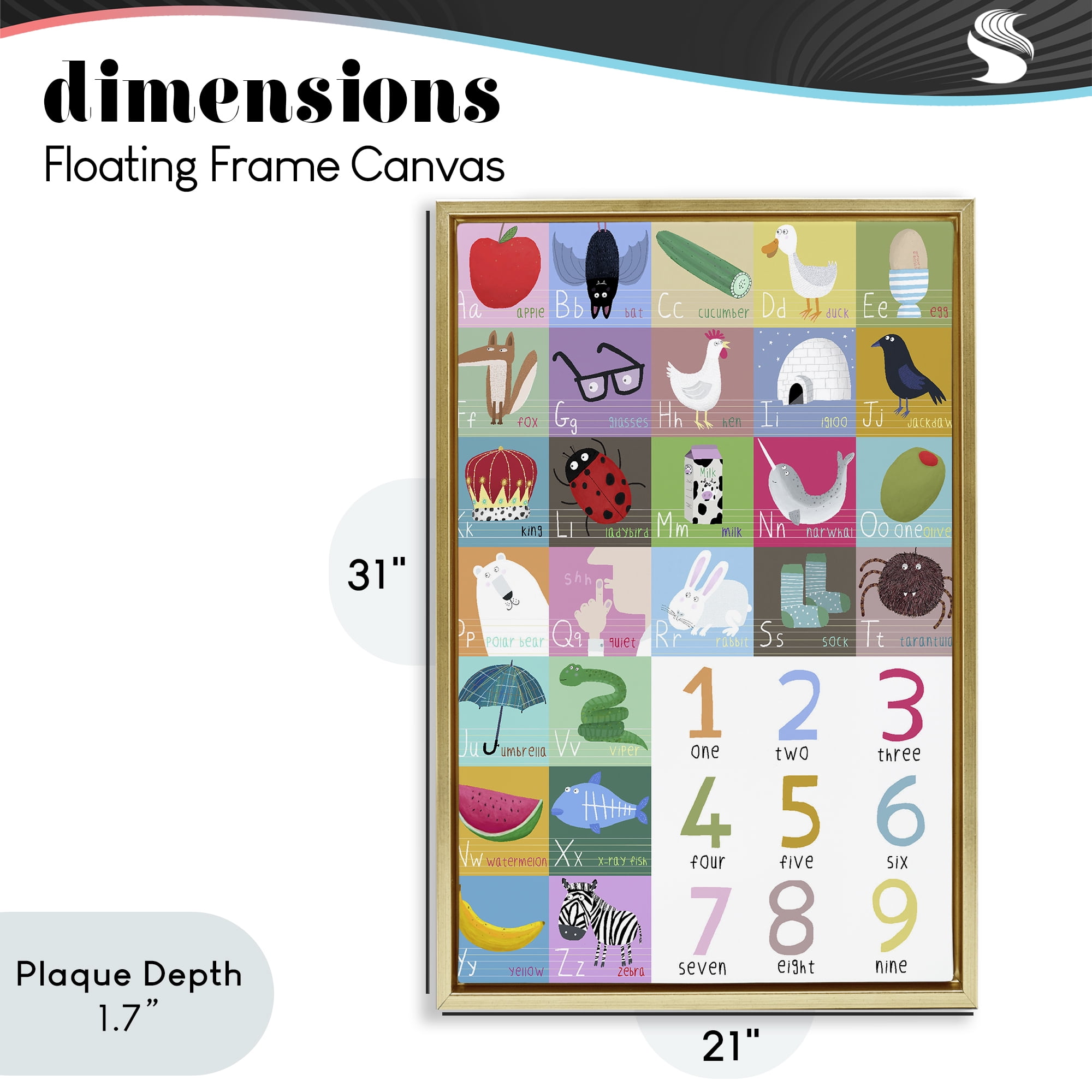 Stupell Industries Counting & Alphabet Learning Gold Framed Floater Canvas Wall Art, design by Carla Daly