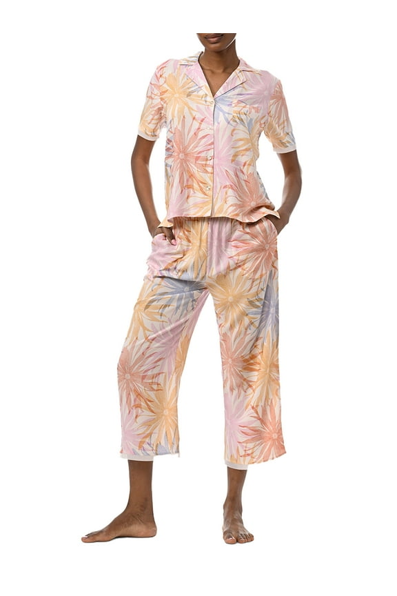 Womens Notch Collar Woven Capri Pajama Set Style-RLD0302