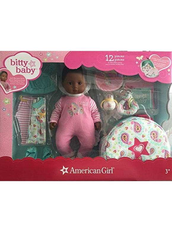 American Girl Bitty Baby Doll 15" + Special Starter Collection- Dark skin doll, black hair, brown eyes
