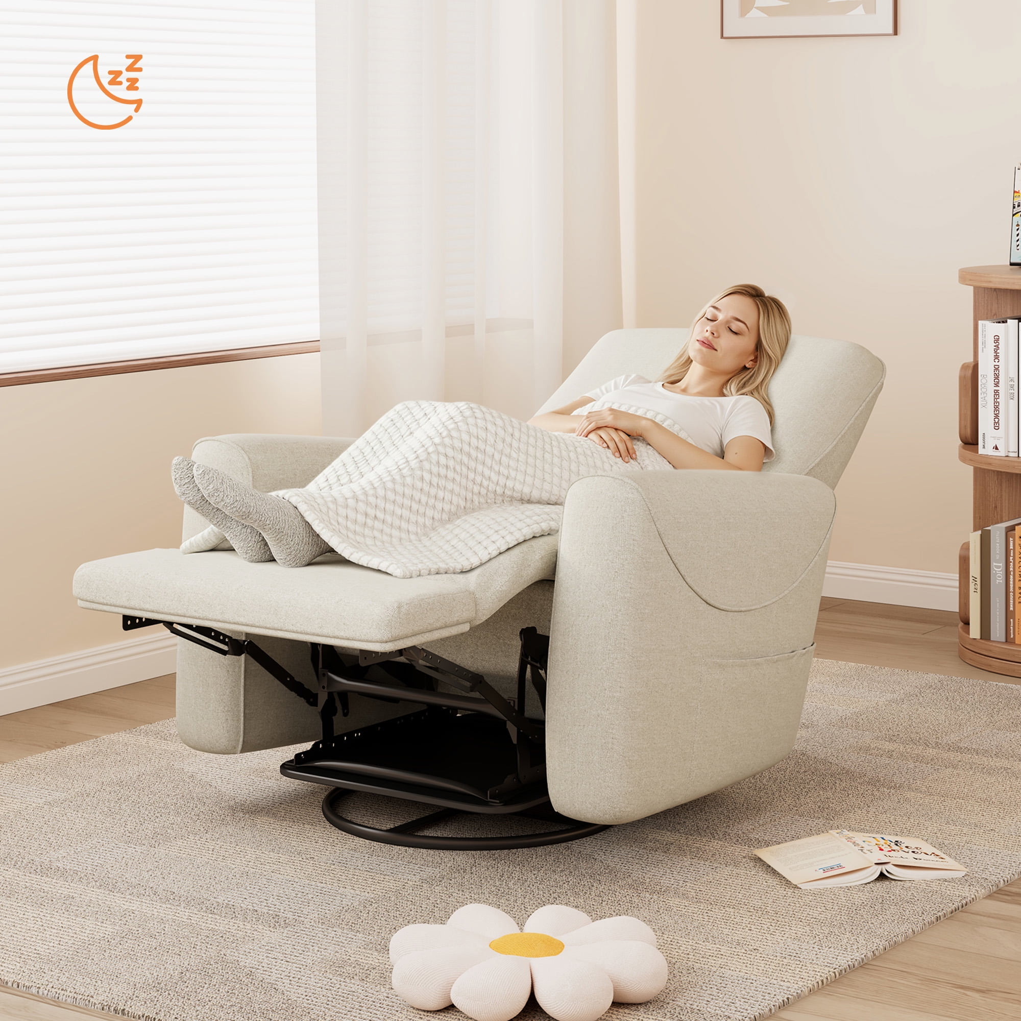 SERWALL Nursery Rocking Chair with 270° Swivel, Swiverl Glider Rocking Chair with USB-C Port & Speaker, Beige