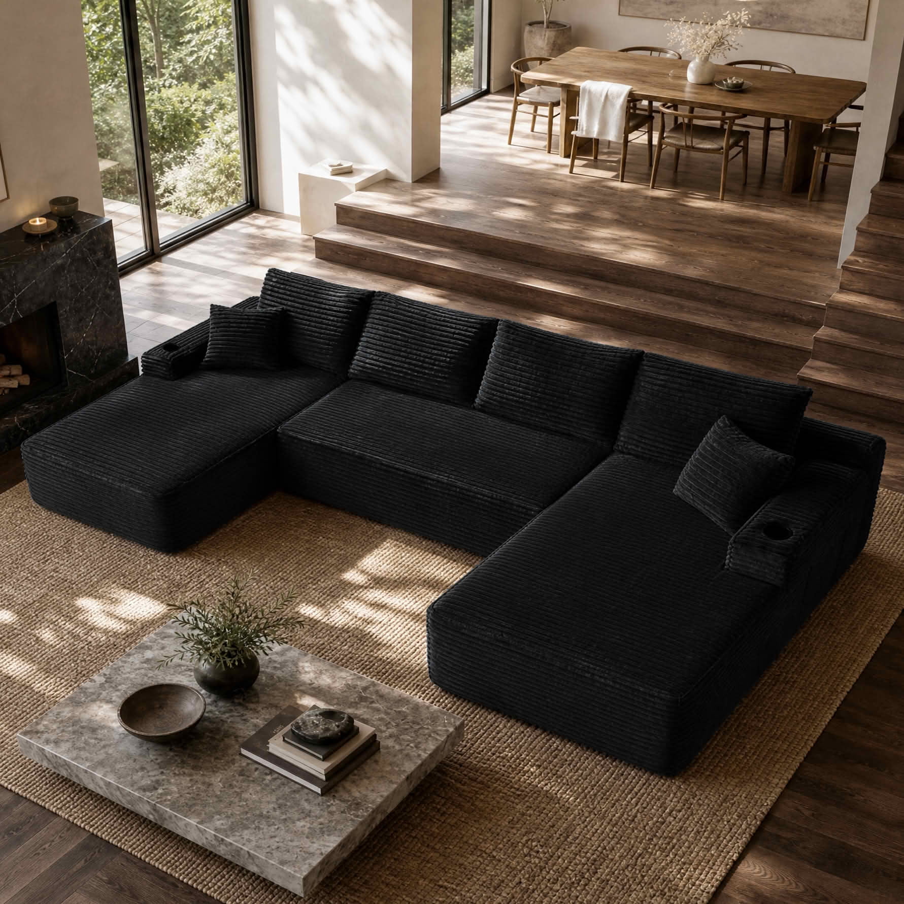 MAYEERTY 134 Inch Black Cloud Sectional Sofa, U-Shaped Modular Plush Corduroy Couch with Cup Holder & Side Pockets, 5-Seater Deep Seating Sofa No Assembly Required for Living Room Bedroom