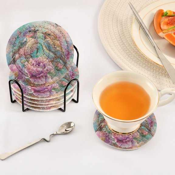 YAZAOO 6Pcs Drink Coasters With Holder 3.94Inch Colorful Birds and Flowers Creative Coil Coaster Coasters Colors Absorbent Coasters for Drinks Coasters Set Thicken Heat for Home Table