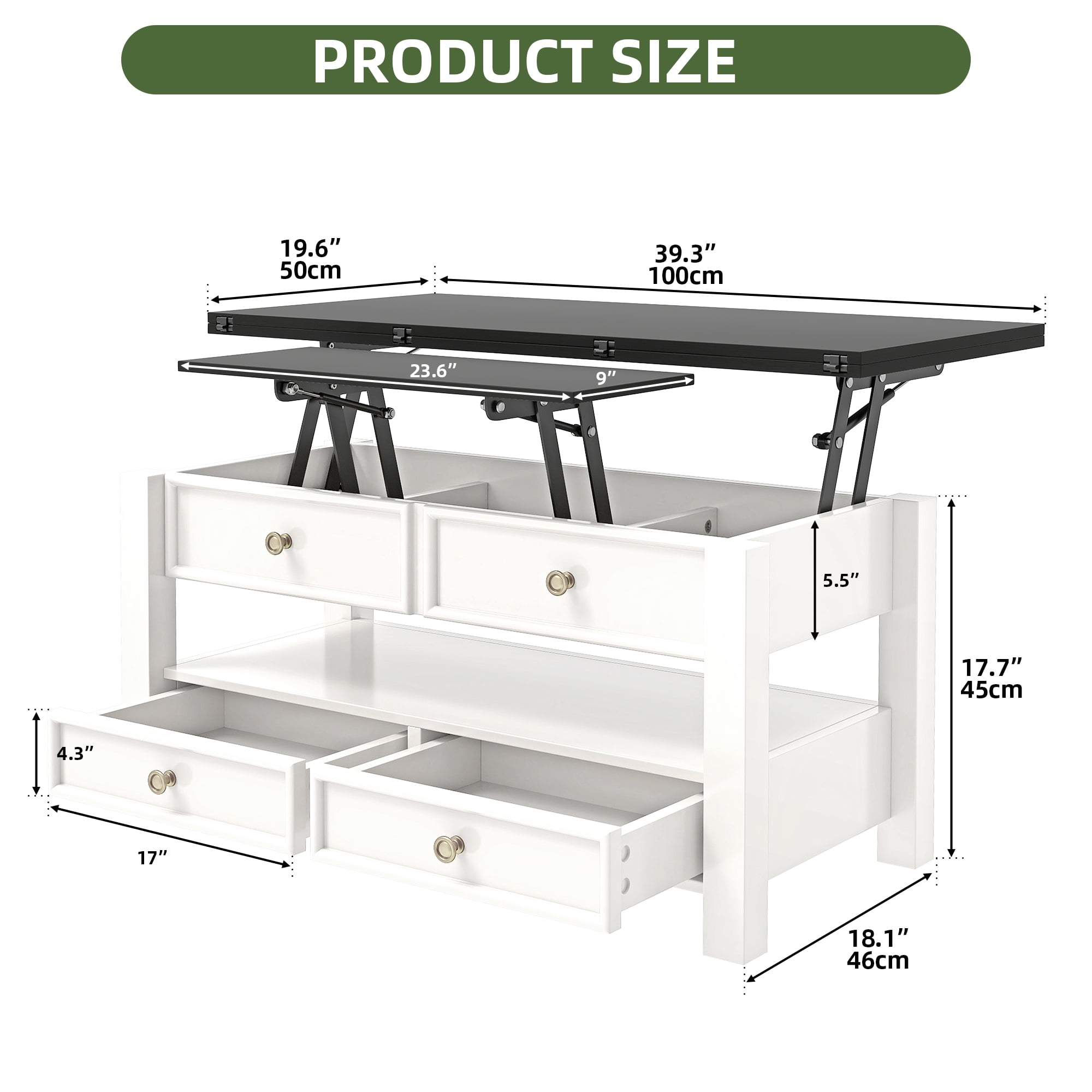 Uforic Tea Table with Lift-Top Design, Hidden Storage & Drawers for Living Room & Home Office, Beige & Black