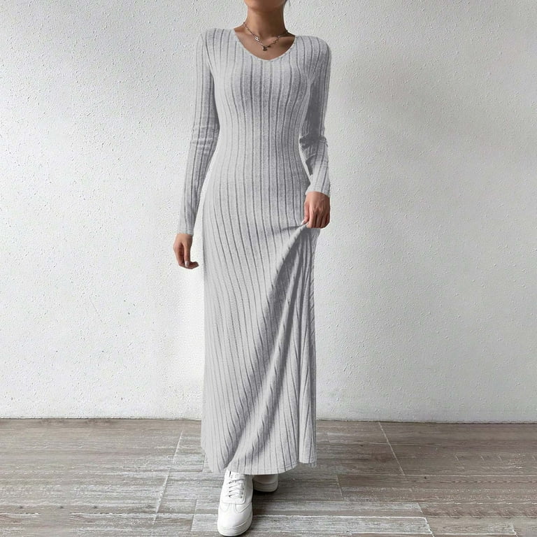 Sweater Dress For Women Sevevn Women's Ribbed Knit Sweater Dress Casual  Long Sleeve U Neck Bodycon Pleated A Line Long Dress Streetwear -  Walmart.com
