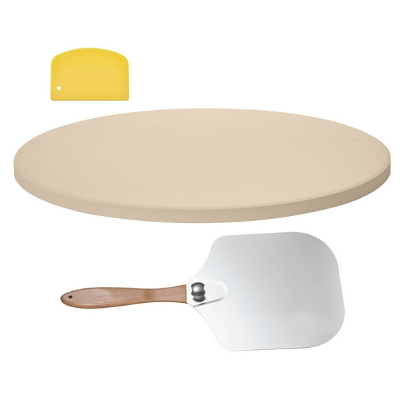 KFFKFF 15-Inch Round Pizza Stone, 0.67-Inch Thick Cordierite Baking Stone with Metal Peel and Scraper, Heat-Resistant up to 1450℉, Ideal for Ovens, Pizza Baking, and BBQ Grilling