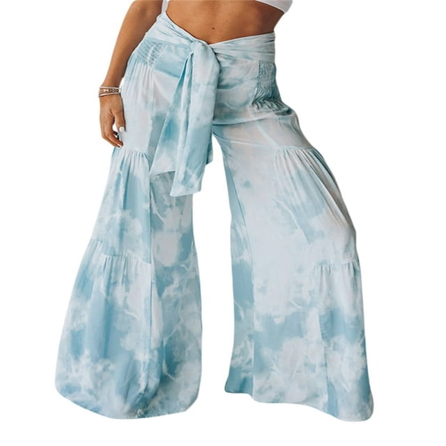 Pantalons de Plage Boho pour Femmes Taille Haute Décontractée Ample Jambe Large Droite Imprimée