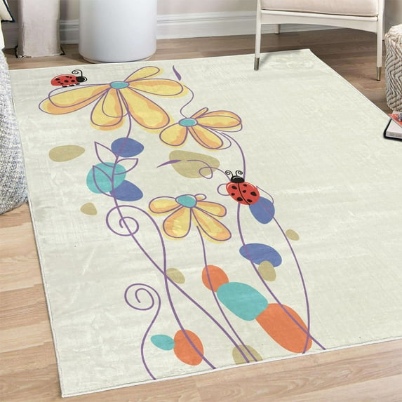 Spring Decorative Rug, Flowers Oval Dome-Shaped Ladybugs Illustration Never Ending Love Story Luck, Quality Carpet for Bedroom Dorm and Living Room, 6 Sizes, Seafoam Red, by Ambesonne