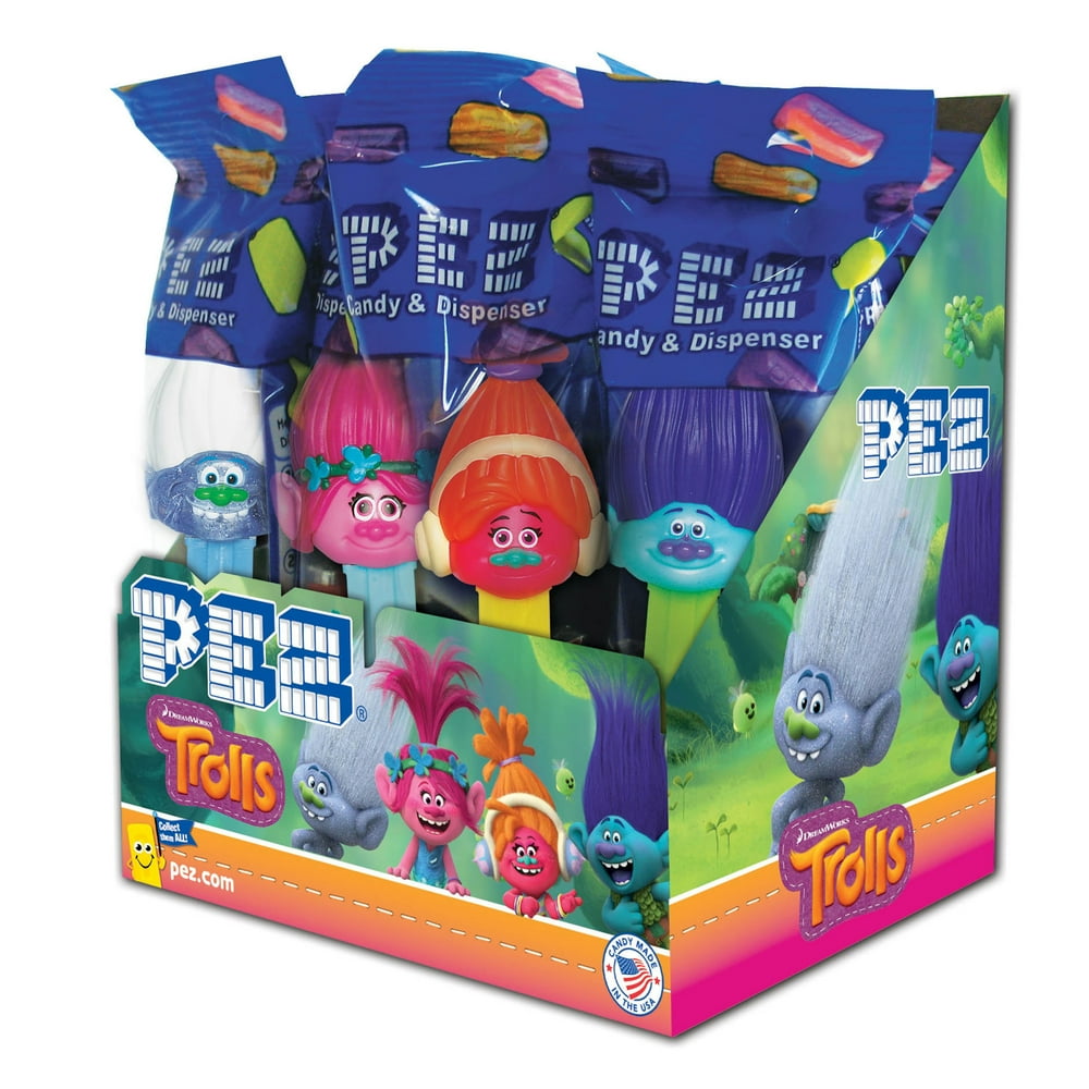 Pez Candy Trolls Assortment Candy Dispenser Plus 2 Rolls Of Assorted Fruit Candy Box Of 12