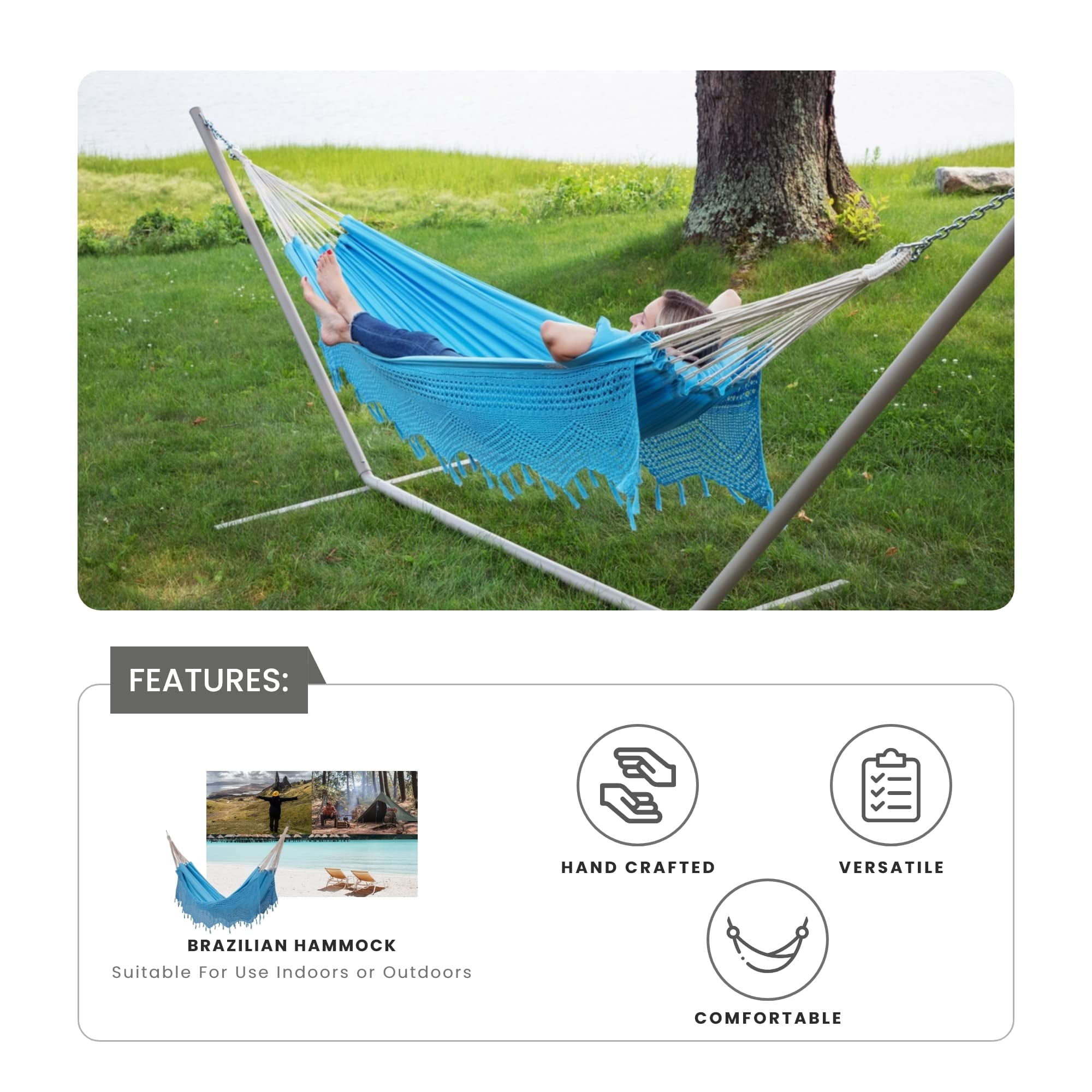 Sol Living Bahia Brazilian Patio Hammock Crochet Cotton Hammock Double Hammock for Two People Outdoor Patio Swing Chair Hand Woven Mayan Hammock Use Inside Outside Backyard Decor Porch Swing - Blue