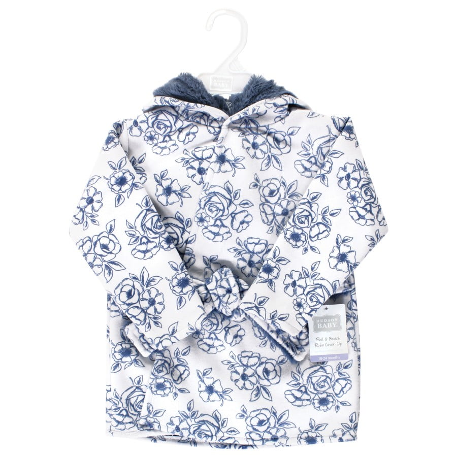 Hudson Baby Infant Girl Mink with Faux Fur Lining Pool and Beach Robe Cover-ups, Blue Toile, 6-12 Months
