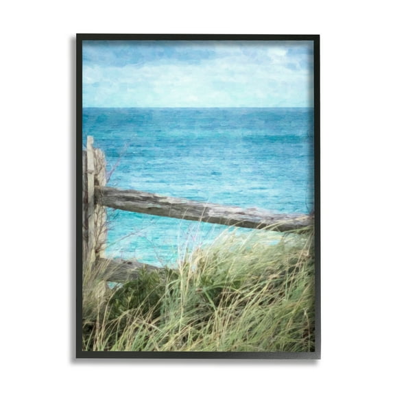 Stupell Industries Waterfront Beach Fence Nature Photography Black Framed Art Print Wall Art, 11 x 14