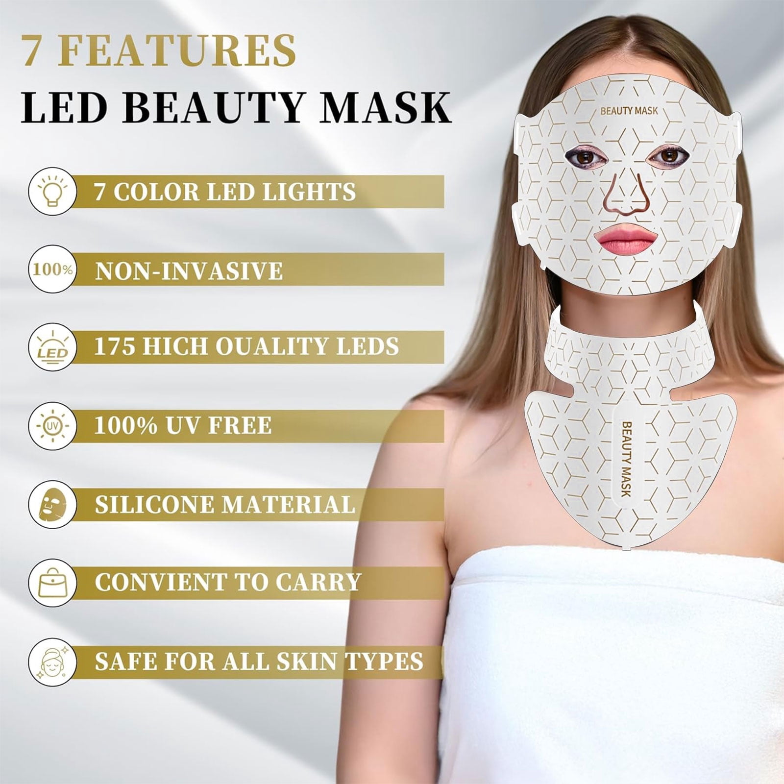 Red Light Therapy for Face and Neck Mask with 850nm NIR, 7 Colors LED Face Mask Light Therapy, Rechargeable Infrared Light Therapy Device for Anti-Aging at Home White