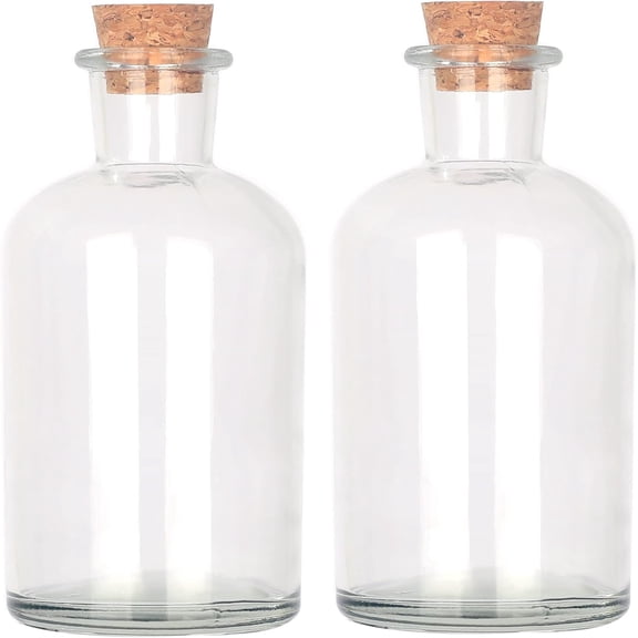 Decorative Glass Bottles with Cork Stoppers (8.5 fl oz. Round Bottles / 2 Pcs)