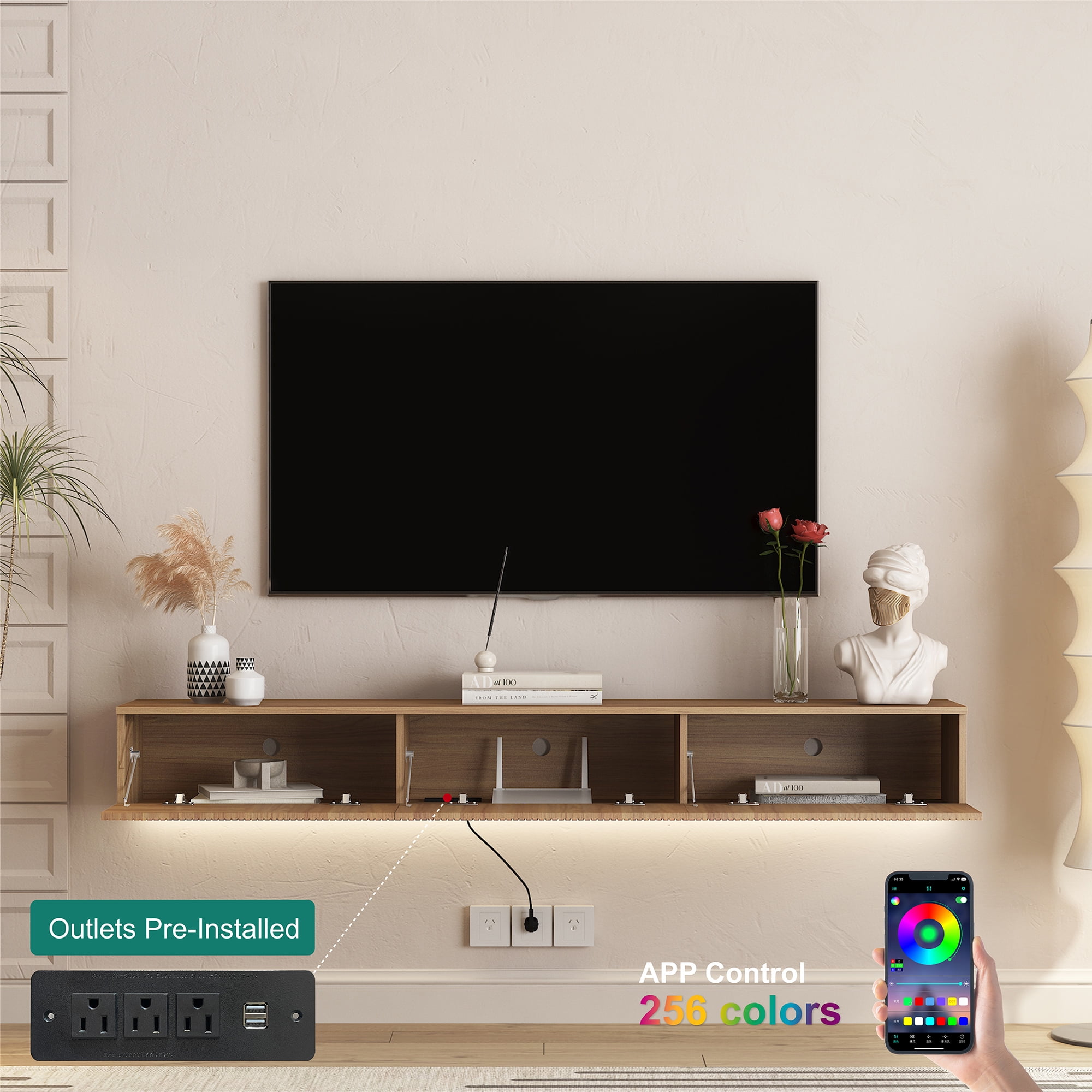 Aukfa Modern Floating TV Stand Wall Mounted for TVs up to 70 with 16 Color LEDs, Walnut