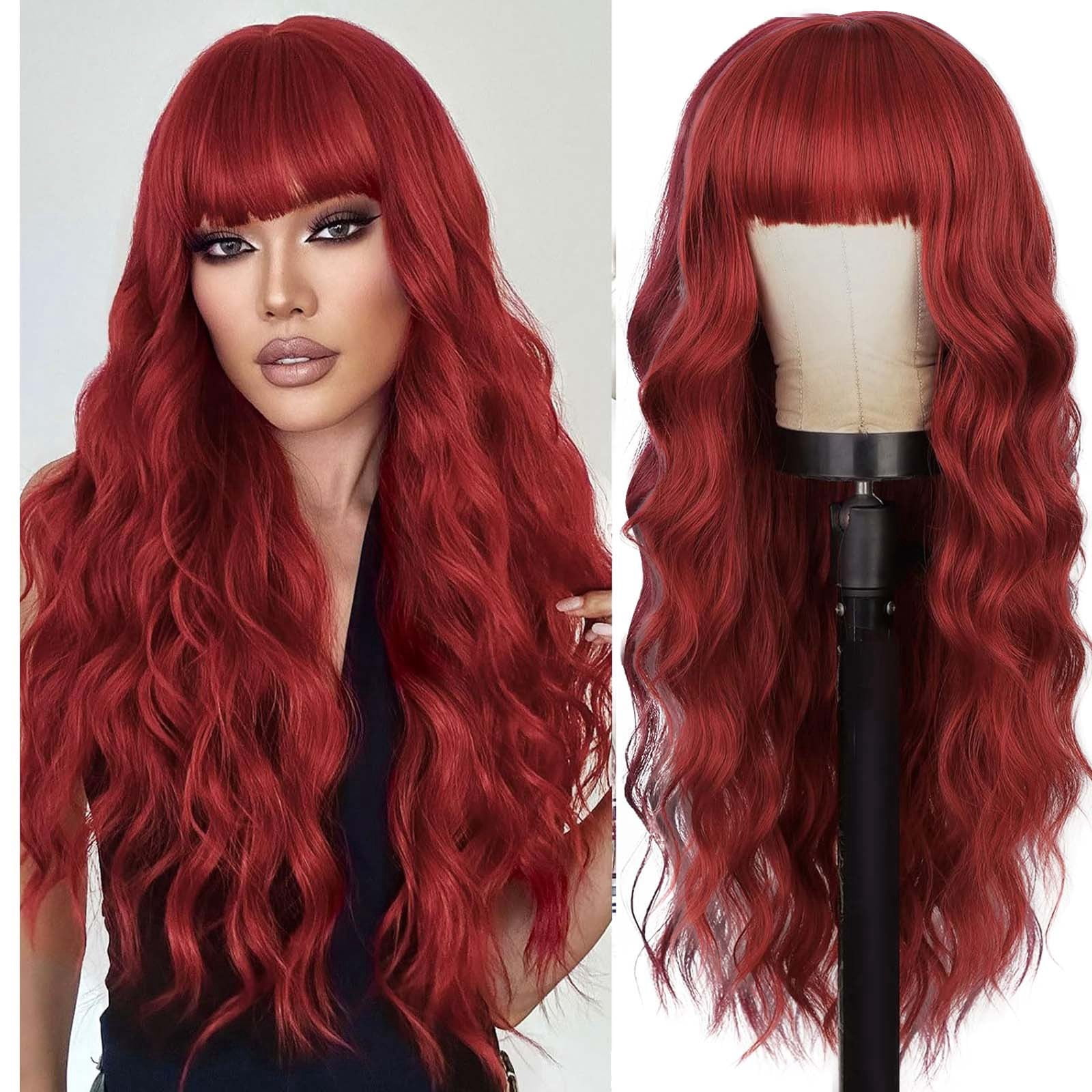 Long Wavy Wig with Bangs for Women, Brown Highlight Synthetic Wig with Dark Roots, Heat Resistant Wigs for Daily Party Use(Red,One Size)