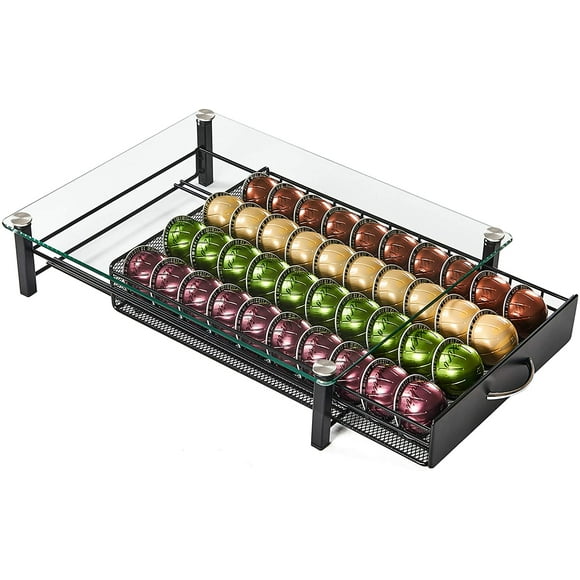 Coffee Pod Holder Storage Drawer for Nespresso Vertuoline , Holds 40 Pods (Tempered Glass and Iron)