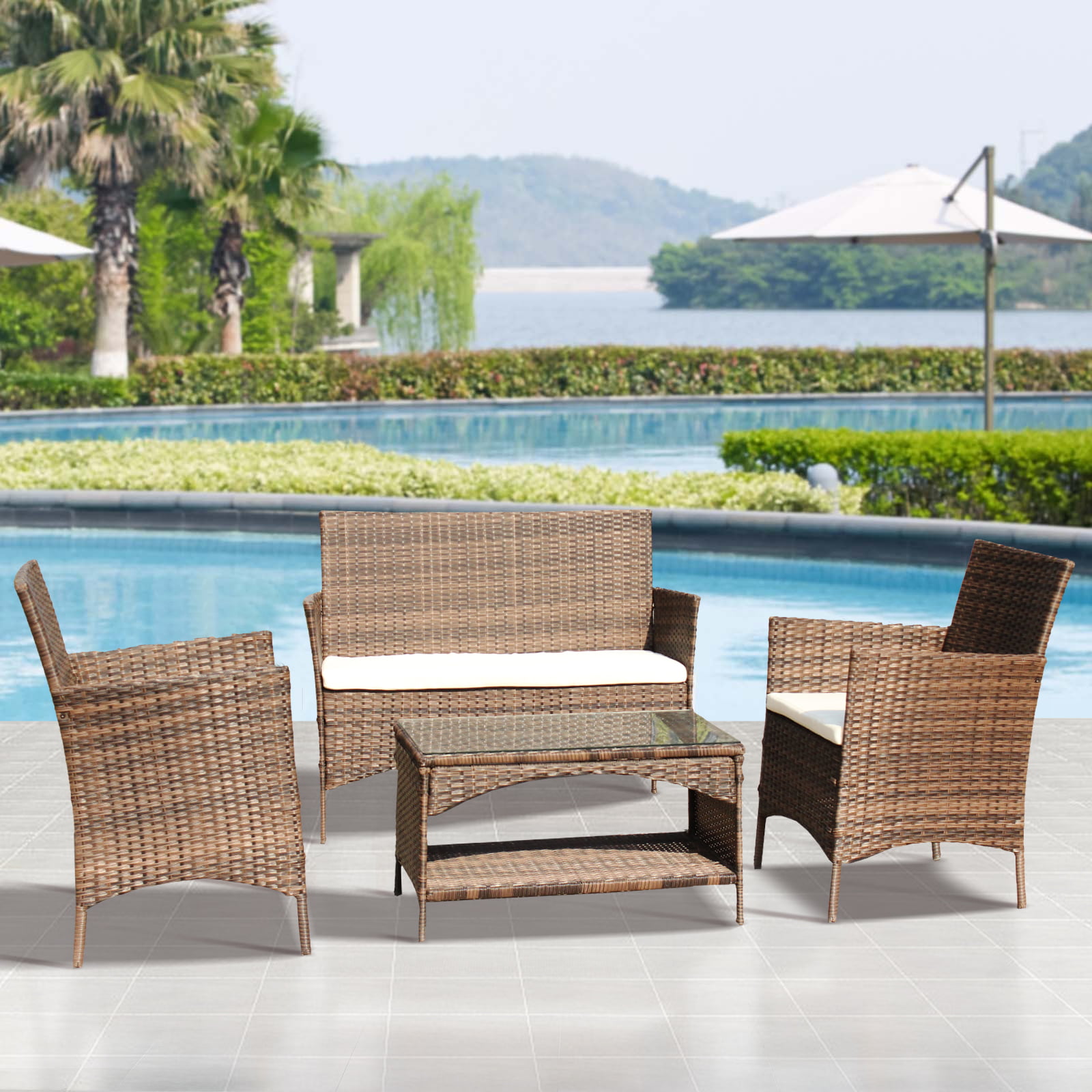Clearance! 4 PC Rattan Patio Furniture Set, Wicker Bar Set with 2pcs