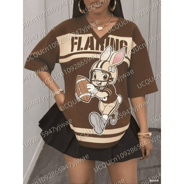 T-Shirt Décontracté à Manches Courtes Col en V Imprimé Lapin pour Femmes, T-Shirt Graphique d'Été, Maillots de Rugby, Grande Taille, T-Shirt de Sport pour Hommes