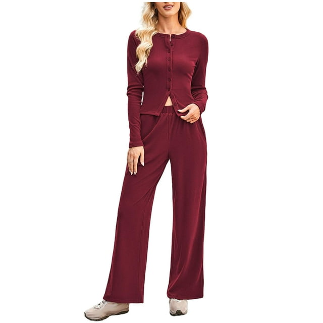 ShomPort Outfits for Womens Knit Ribbed Long Sleeve Button Crewneck Tops Elastic Waist Casual Pants Lightweight Stretchy 2PC Set