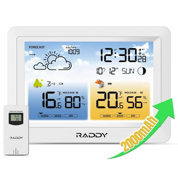 Raddy WM6 Weather Station with Wireless Remote Sensor, 2000mAh Built-in Battery, Thermometer Hygrometer Barometer, Atomic Clock, Weather Forecast