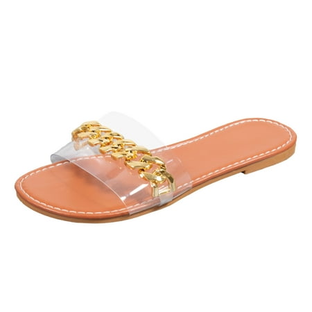

Womens Shoes Transparent Metal Chain Open Toe Flat Bottom Slippers Shoes