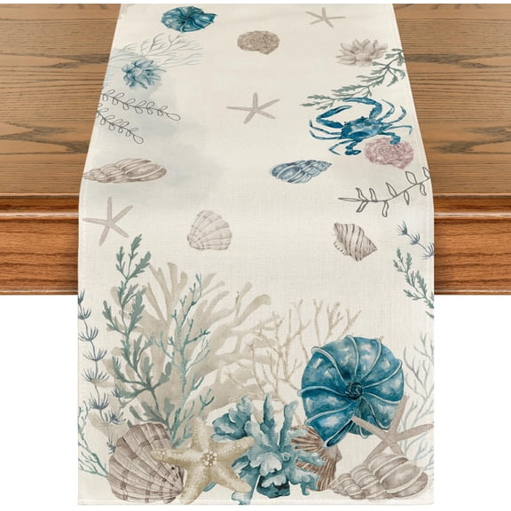 Coral Starfish Whelks Summer Table Runner, Seasonal Spring Kitchen Dining Table Decoration for Home Party Decor 13x72 Inch