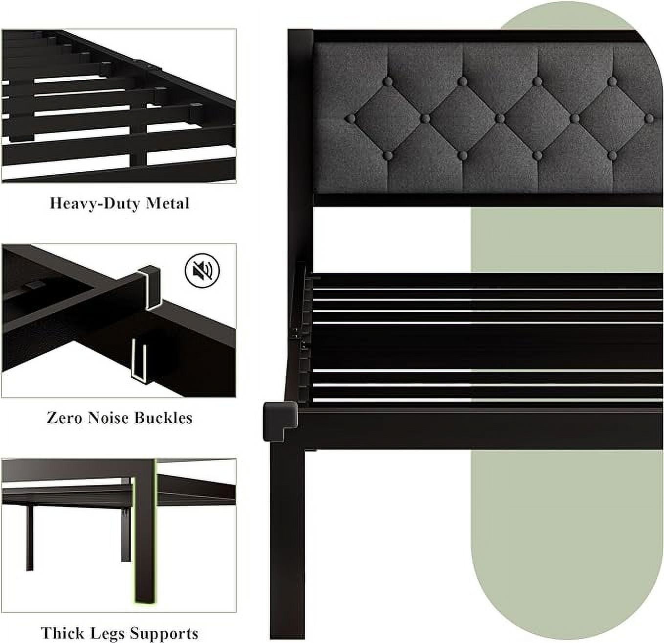 Feonase Twin Size Metal Platform Bed Frame with Linen Upholstered Headboard, 12" Under-Bed Space, Steel Slats Suppor, Black