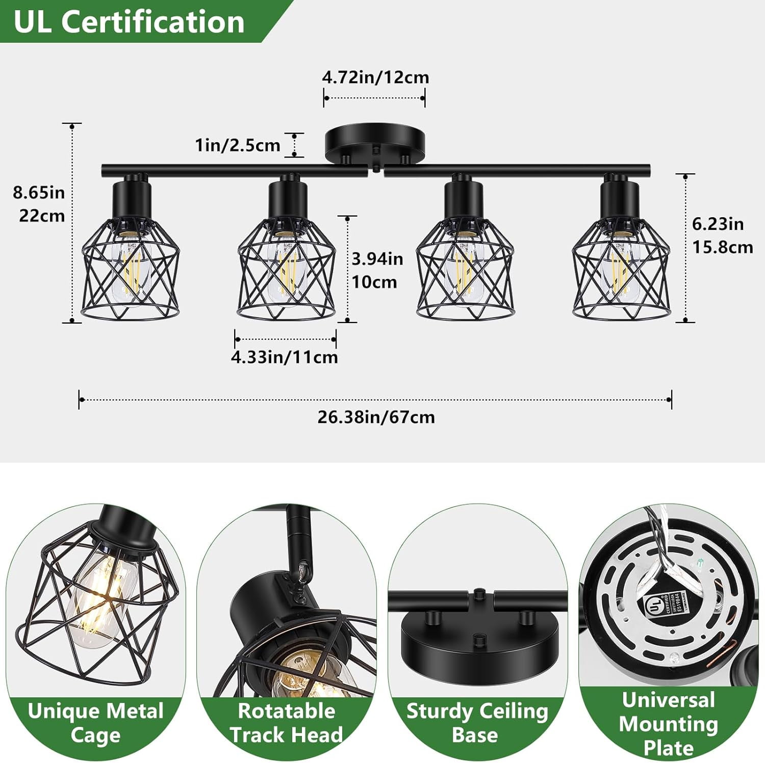 4 Light Flush Mount Ceiling Spot Light Fixture Track Lighting Fixtures Ceiling Black Flush Mount Ceiling Light with E26 Base Industrial Track Lighting for Kitchen, Living Room, Dining Room, Hallway