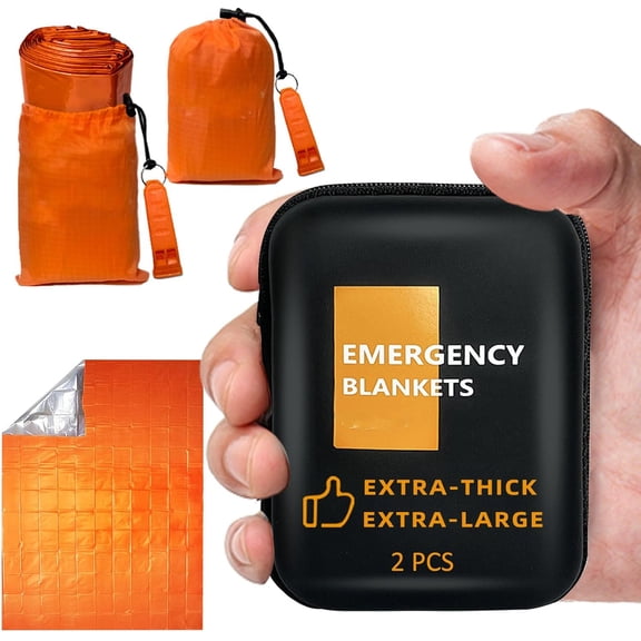 Emergency Blanket 2-Pack/4-Pack, Extra-Thick Extra-Large Space Blankets with Whistles, Storage Pouchs, and EVA case