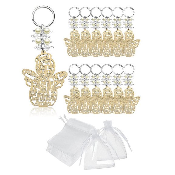 20Pcs Baptism Angel Key Ring Wood Keychain Favor Baptismal Souvenirs Communion Favors for Boy or Girl