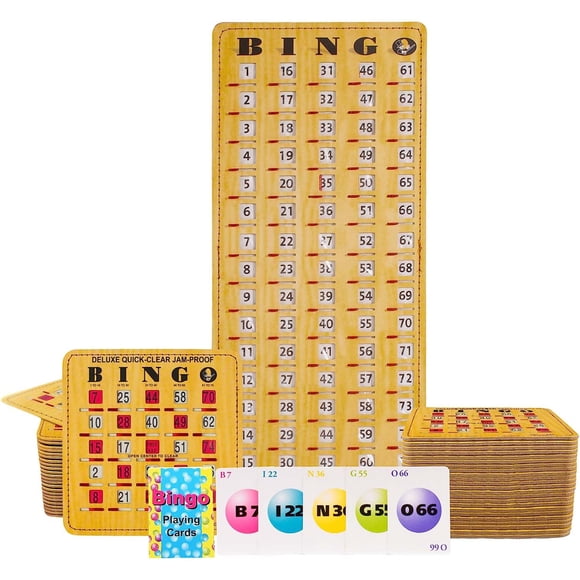 MR Chips Jam-Proof Bingo Cards with Sliding Windows - 50 Reusable Shutter Bingo Cards - 75 Bingo Calling Cards - 1 Bingo Master Board, Woodgrain