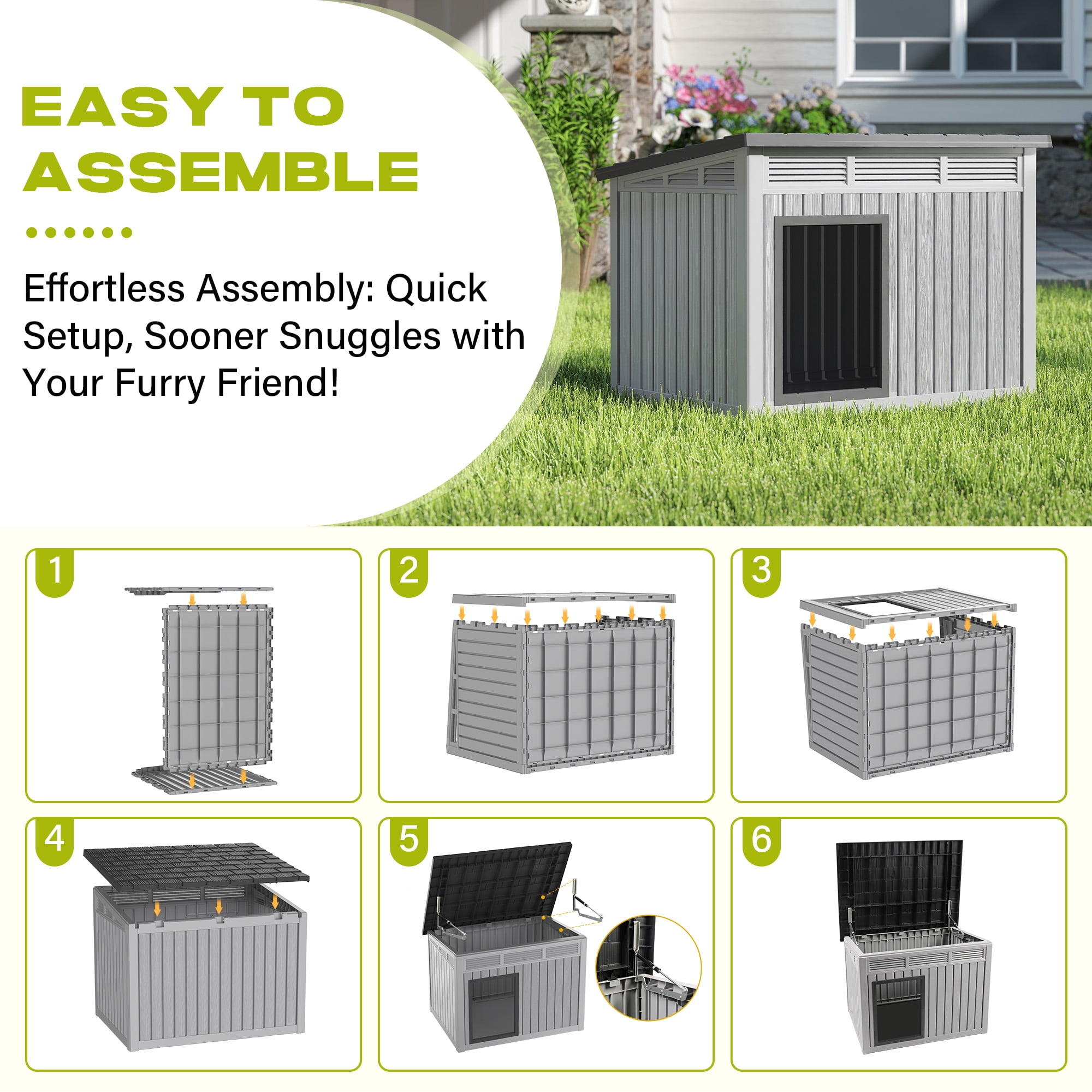 Nihsuao Waterproof Dog House for Small to Medium Dogs, Indoor Outdoor PP Kennel with Ventilated Design & Removable Roof, Easy to Clean, Gray, 31.2"L x 23.6"W x 21.6"H