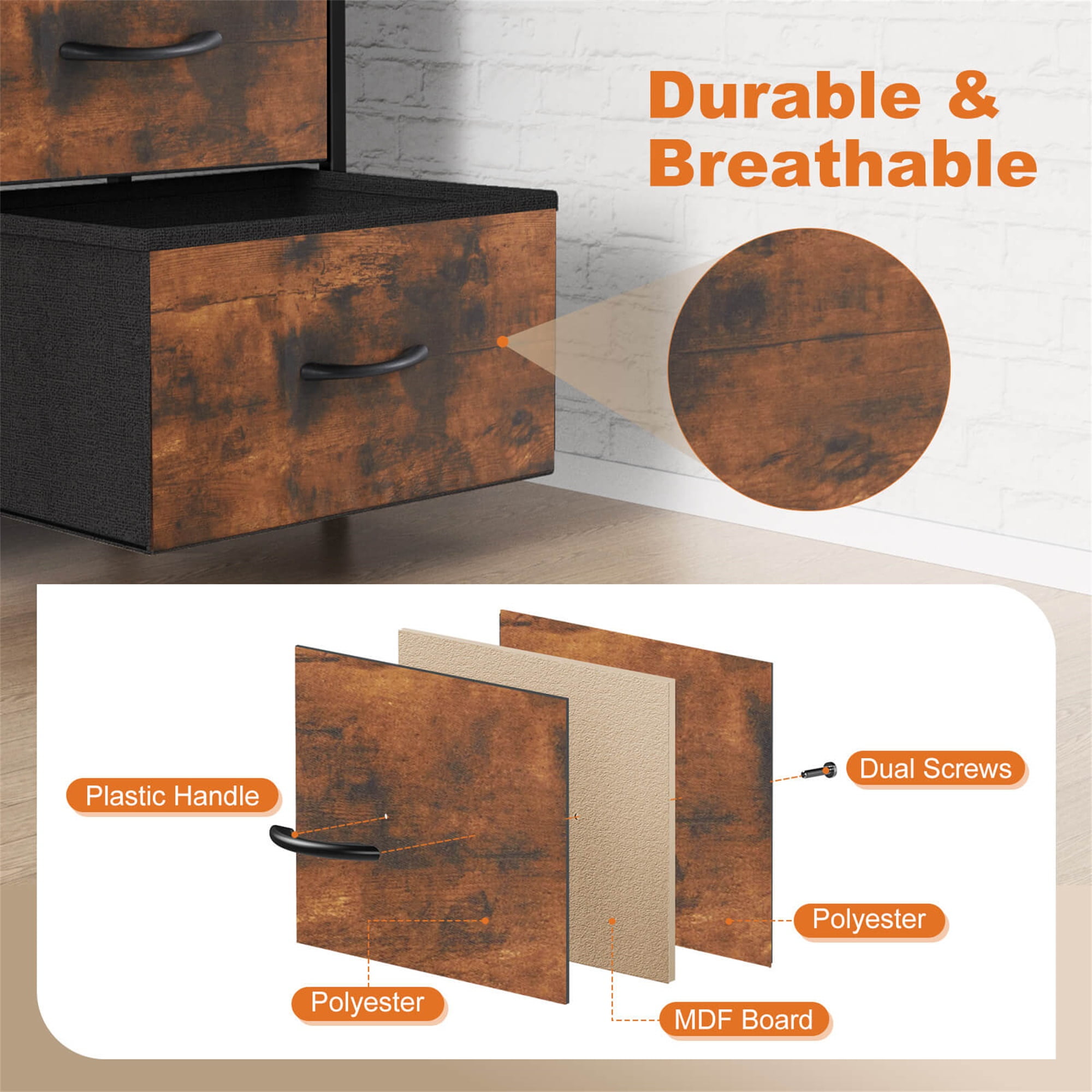 Kadyn Bedside Nightstand,End Table with 2 Drawers for Bedroom, Storage Organizer Furniture, Fabric Cabinet Wood Top, Lightweight Chest of Drawers, Mini Dresser for Clothes, Closet, Dorm,Brown