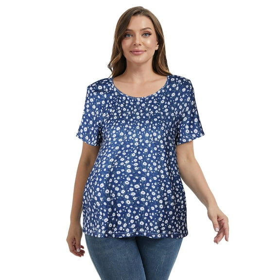 Baywell Women's Plus Size Short Sleeve Tops Casual Floral Printed/Solid Color Shirts Pleated Blouses XL-5XL