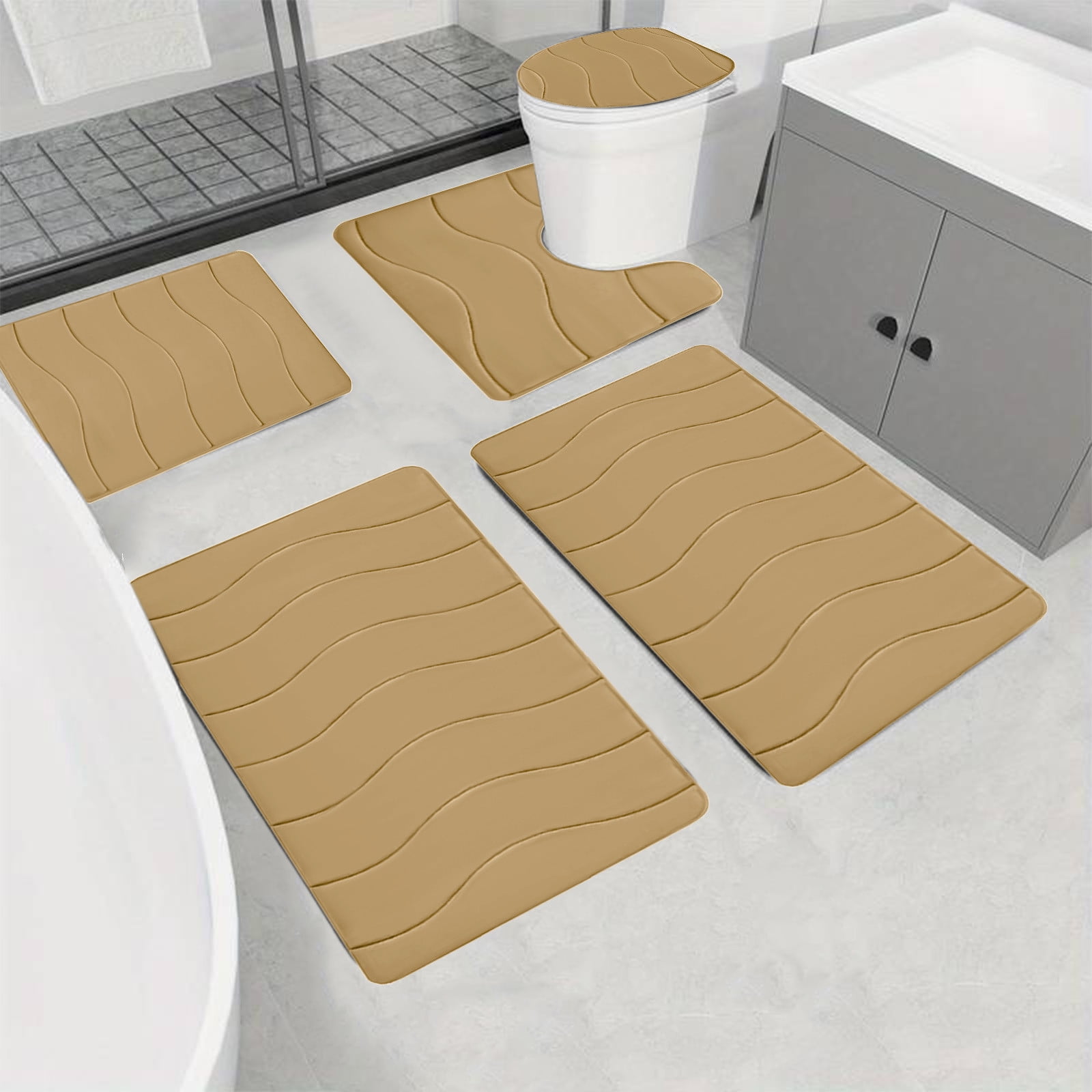 Outoloxit Bathroom Rugs Sets 3 Piece, Foam Bath Mat 5 Set Bathroom Rugs for 5 Pcs Toilet Mats Universal Soft Comfortable Water Absorption Non-Slip Thick Machine Washable Easier to Dry Dark