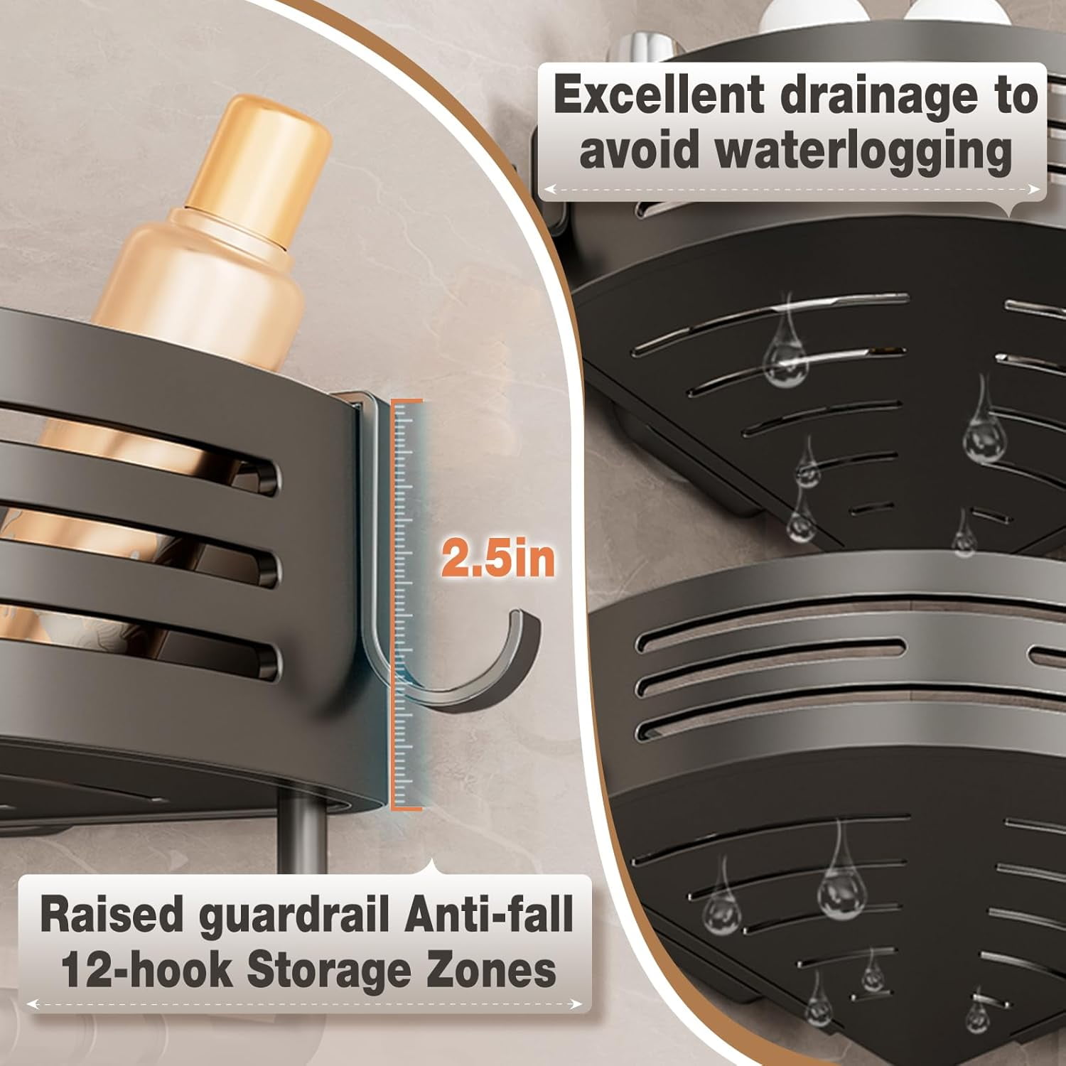 Corner Shower Caddy Suction Cups, Corner Shower Shelf With a Towel Bar, Shower Organizer Suction for Bathrooms Storage with Hooks, No-Drilling Removable (Aluminum, 2-Pack, Cream)