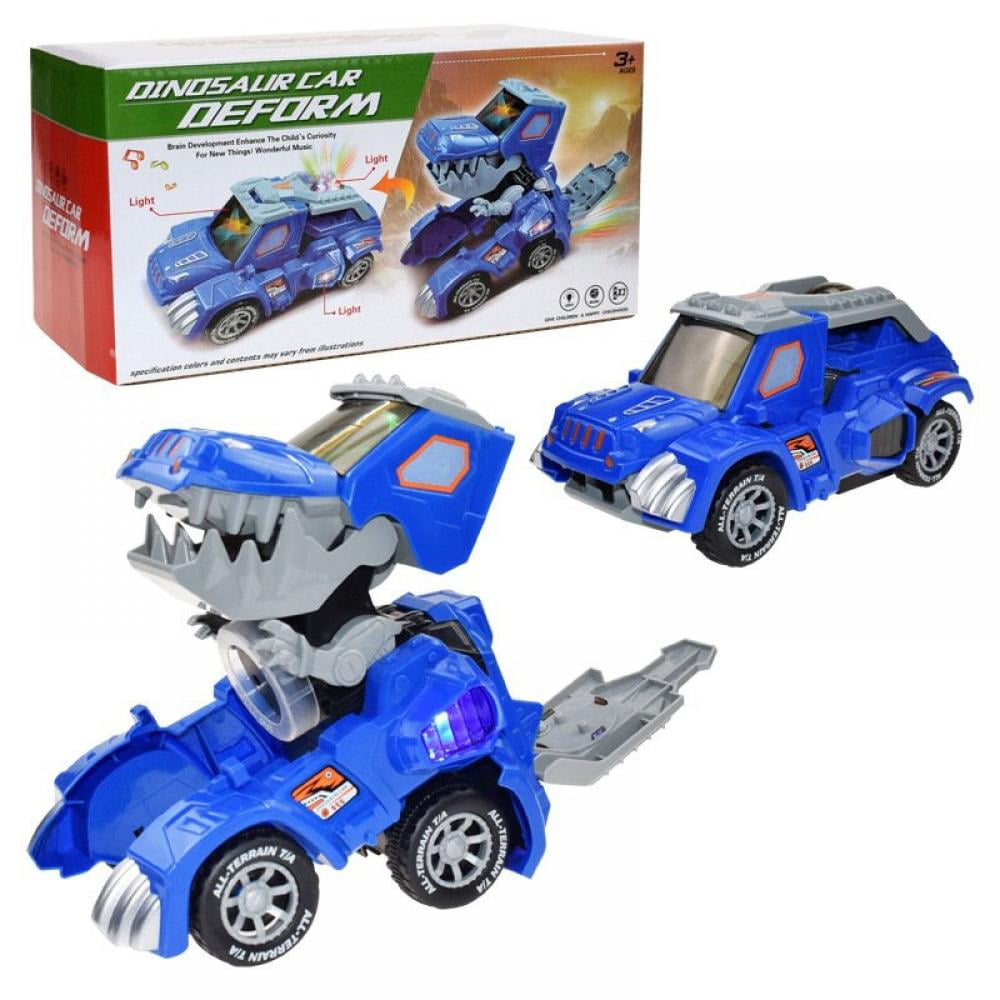 SHINGO Toys for 2 3 4 5 6 7 Year Old Boys Christmas Birthday Gifts for Kids 2-7 Transforming Dinosaur LED Car with Light and Music Blue