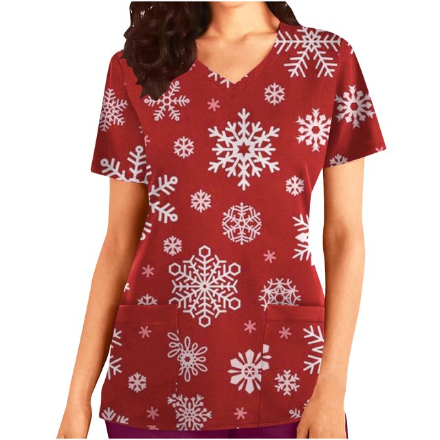 UVEASISHA Hauts de Noël pour Femmes, Imprimé Flocon de Neige, Manches Courtes, Légers, Col en V, Uniformes de Vacances avec Poches, Vente d'Hiver 2025, Rouge, G