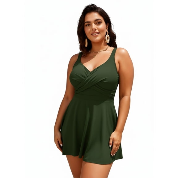 Hind Women’s Plus Size One Piece Swimdress, V Neck Tummy Control Skirted Bathing Suit, Dark Green