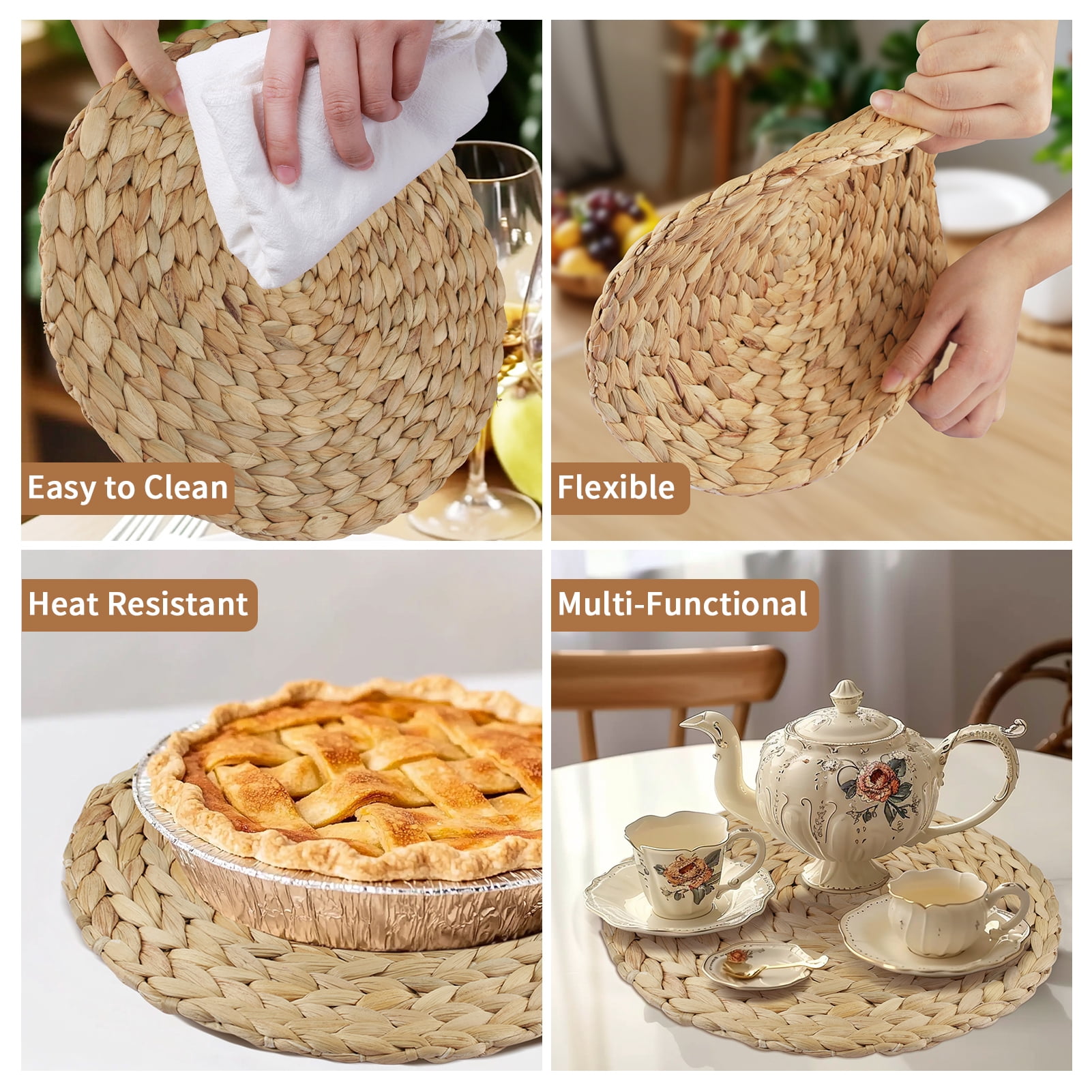 6 Pack Round Woven Placemats Natural Water Hyacinth Wicker Place mats Braided Straw Table Mats Charger Plates for Dining Table, Fall, Thanksgiving, Christmas (11.8 inch)