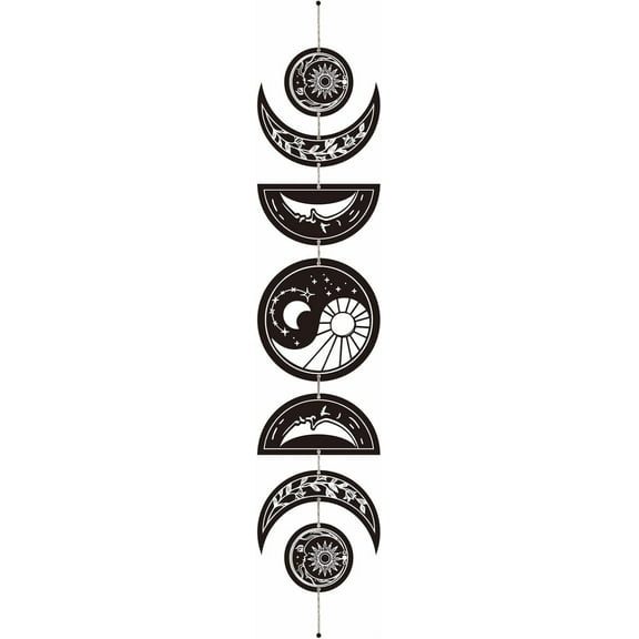 7Pcs Moon Phase Wall Decor Boho Moon Wall Hanging Display Yin Yang Wall Art Sun Hollow Nordic Home Decoration Wall Mounted Decal Display Ornament for Living Room Apartment 37.1x6.3Inch Colorful