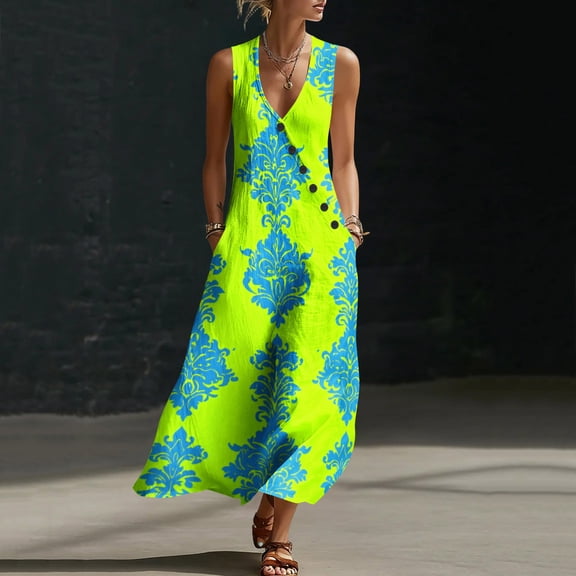 YSUEJPF Boho Sundress for Women Button V Neck Sleeveless Maxi Dress Flowy Beach Long Dress with Pockets