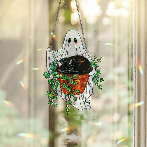 ViciArt Halloween Ghost Cat Suncatcher – 4" Acrylic Stained Glass Style, Hanging Ivy Planter, Black Cat Window Decor, Rainbow Light Catcher