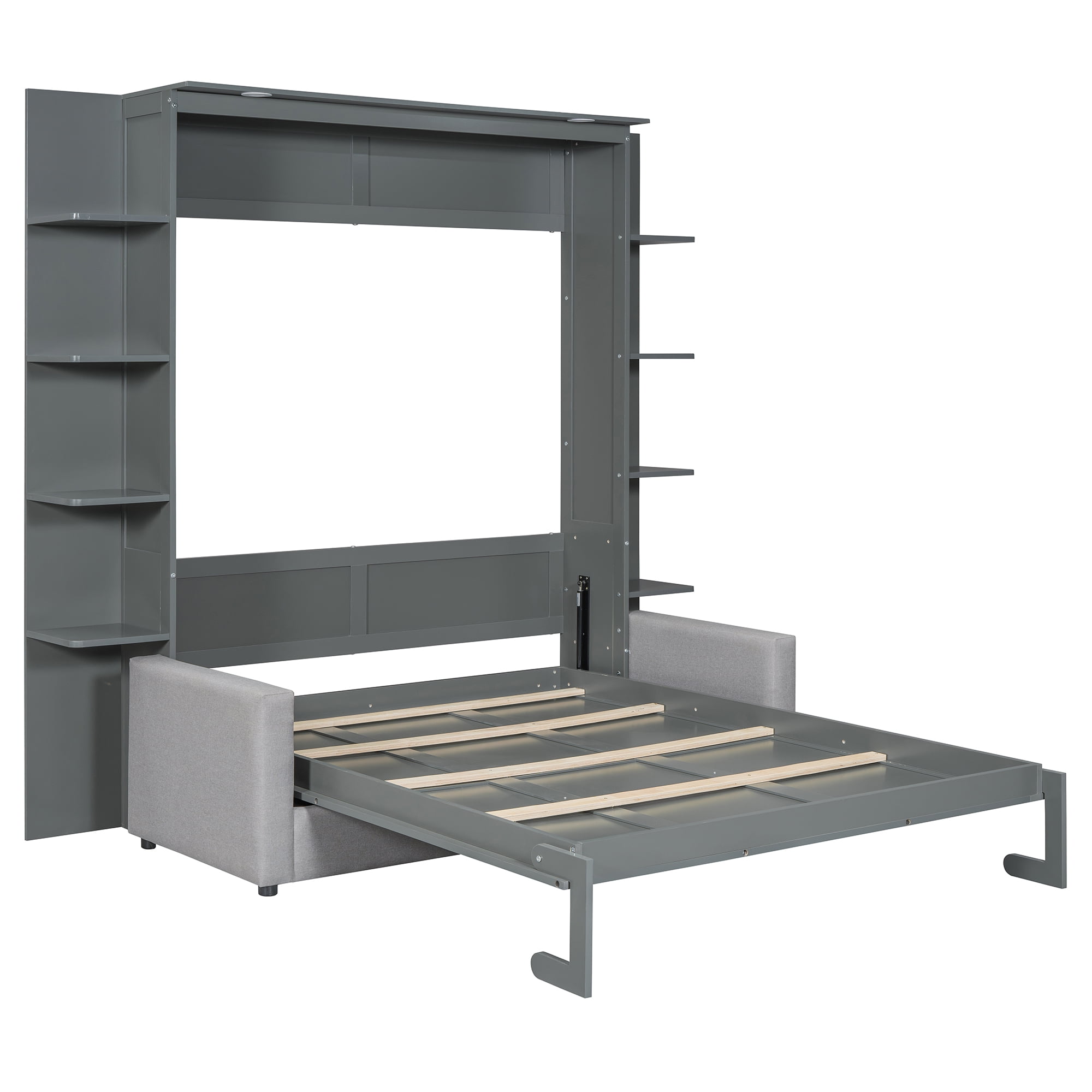 Mintazer Queen Murphy Bed with Sofa & Side Shelves, Modern Foldable Wall Bed with LED Lights for Bedroom Apartment Guest Room, Gray