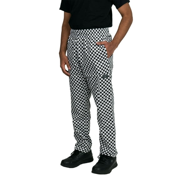 Chef Code Baggy Chef Pants with Cargo Pockets, Elastic Waist, Checkered White, S