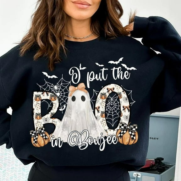 I Put the Boo in Boujee Sweatshirt, Coquette Halloween Mama Shirt, Spooky Season SWEAT Sweatshirt with Lace Ghost, Cute Fall Pumpkin Graphic Top BO120691