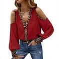 thumbnail image 3 of Women Summer Tops Womens V Neck Long Sleeve Top T Shirt Cold Shoulder Top Leopard Print Business Casual Women plus Rave Christmas Tops for plus Size Womens Button up Shirts Tunic Rave Sheer Red S, 3 of 9